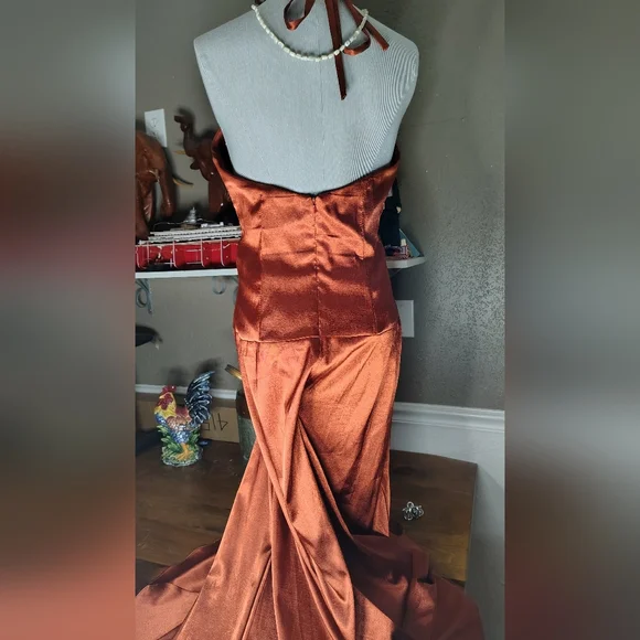 Free Sterling W/ Purch Jessica McClintock Gown Dress Burnt Rust Orange Beading 8 - Picture 8 of 13